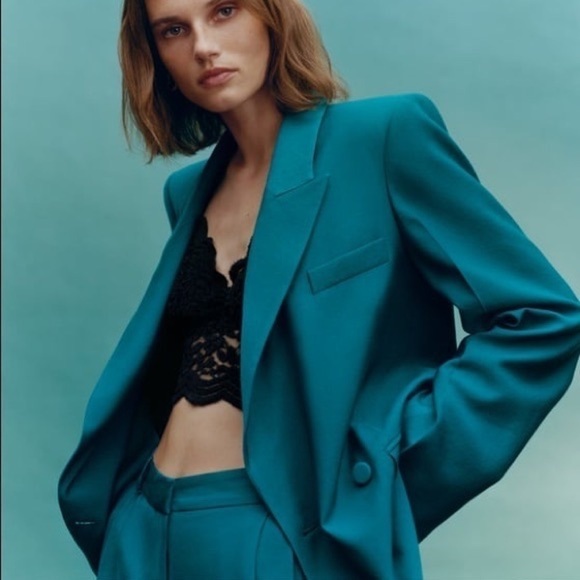 Zara Long Buttoned Blazer in Green Blue - Picture 1 of 16
